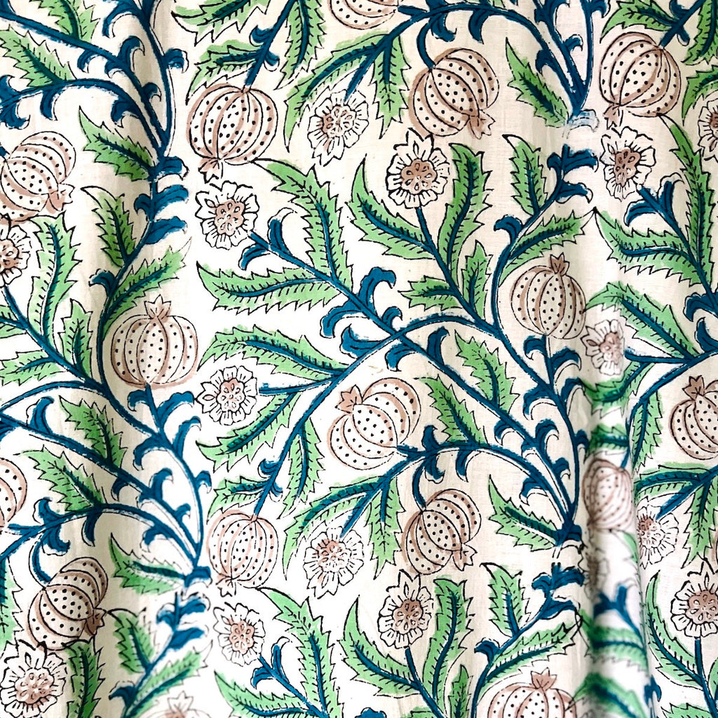 Arts and crafts inspired seed head and trailing leaf print in blue, green and beige