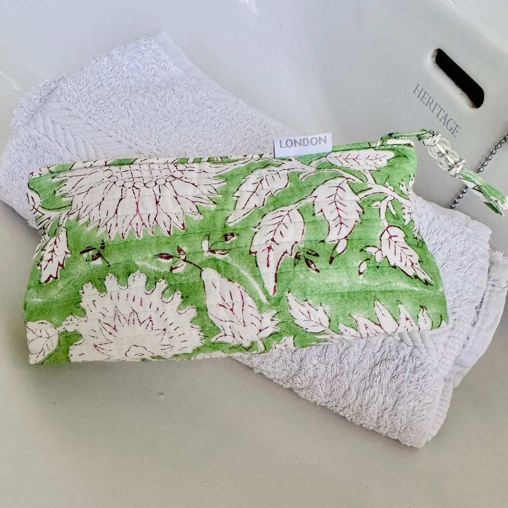 Small make up bag made from printed green and white sunflower stencil floral