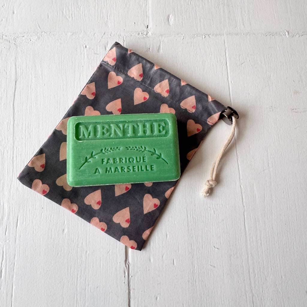 marseilles green mint soap and heart print soap bag