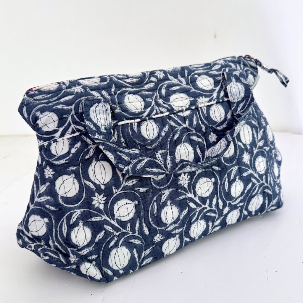 Naby blue and white seed head printed cotton wash bag with handles