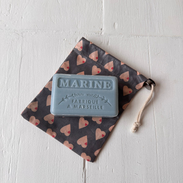 marseilles blue marine soap and heart print soap bag