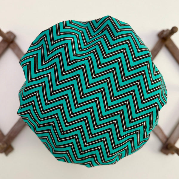 bath hat in turquoise zig zag cotton print