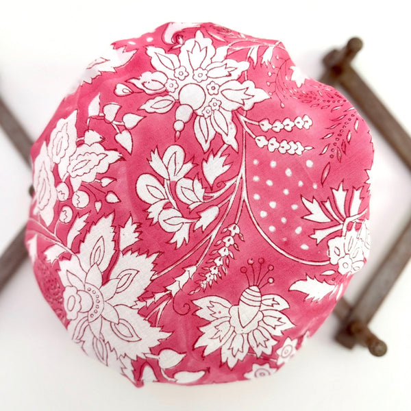 floral print bath hat in strong pink and white botanic floral print