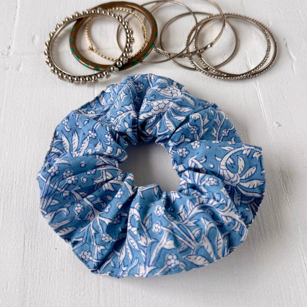 blue and white clematis floral hair scrunchy to tie up hair