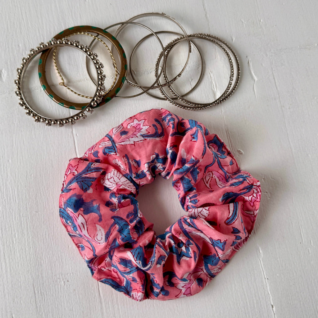 pink and blue floral 6cms depth hair scrunchy