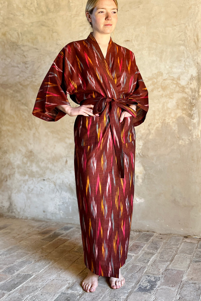 full length kimono robe in marroon red ikat weave lightweight cotton by caro london