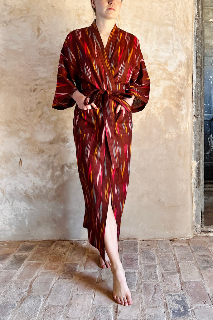 full length kimono robe in marroon red ikat weave lightweight cotton by caro london