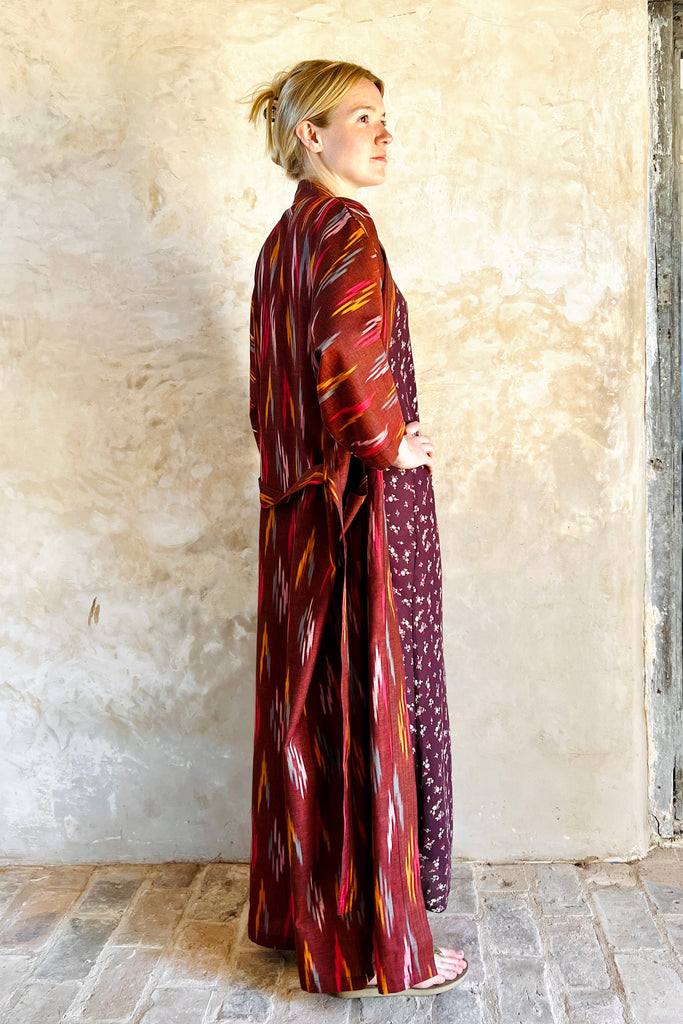 full length kimono robe in marroon red ikat weave lightweight cotton by caro london