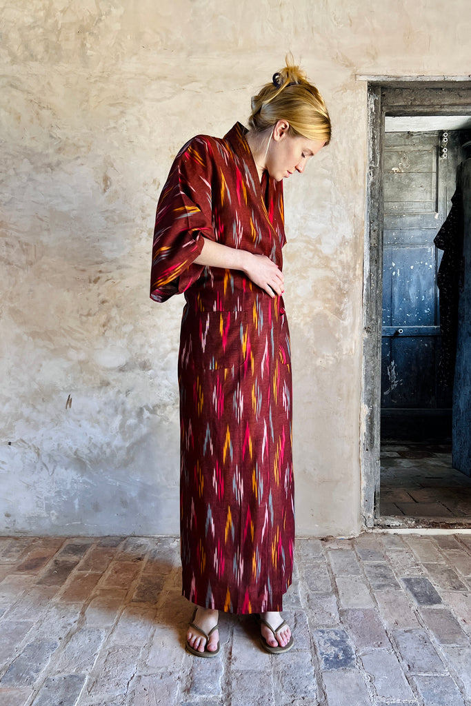 full length kimono robe in marroon red ikat weave lightweight cotton by caro london