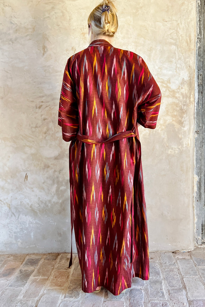 full length kimono robe in marroon red ikat weave lightweight cotton by caro london