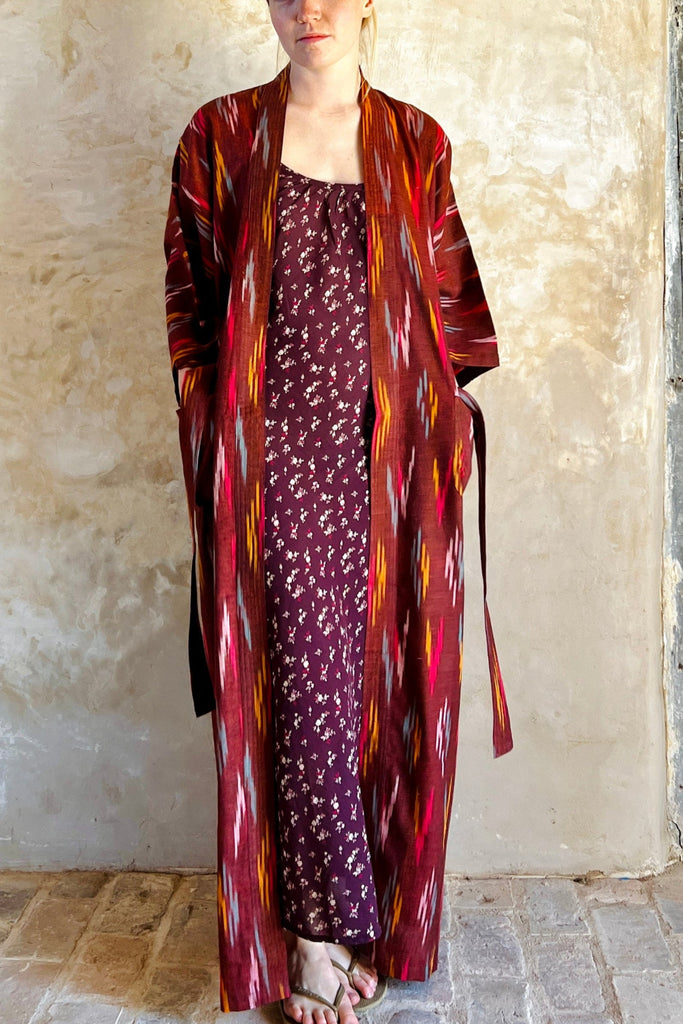 full length kimono robe in marroon red ikat weave lightweight cotton by caro london