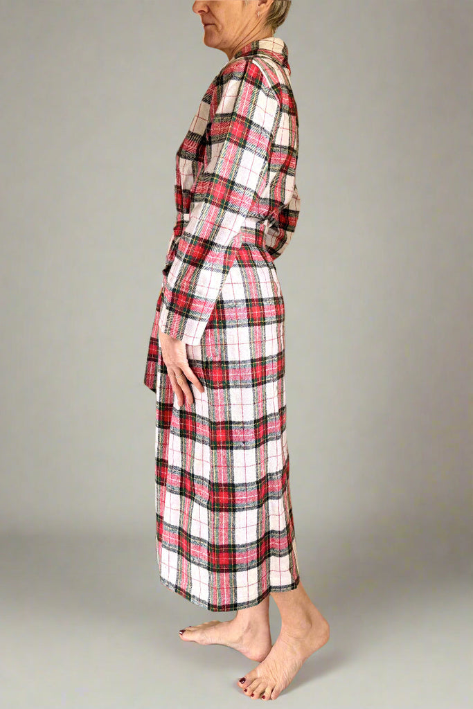 side view of ladies white, red and black check winter dressing gown