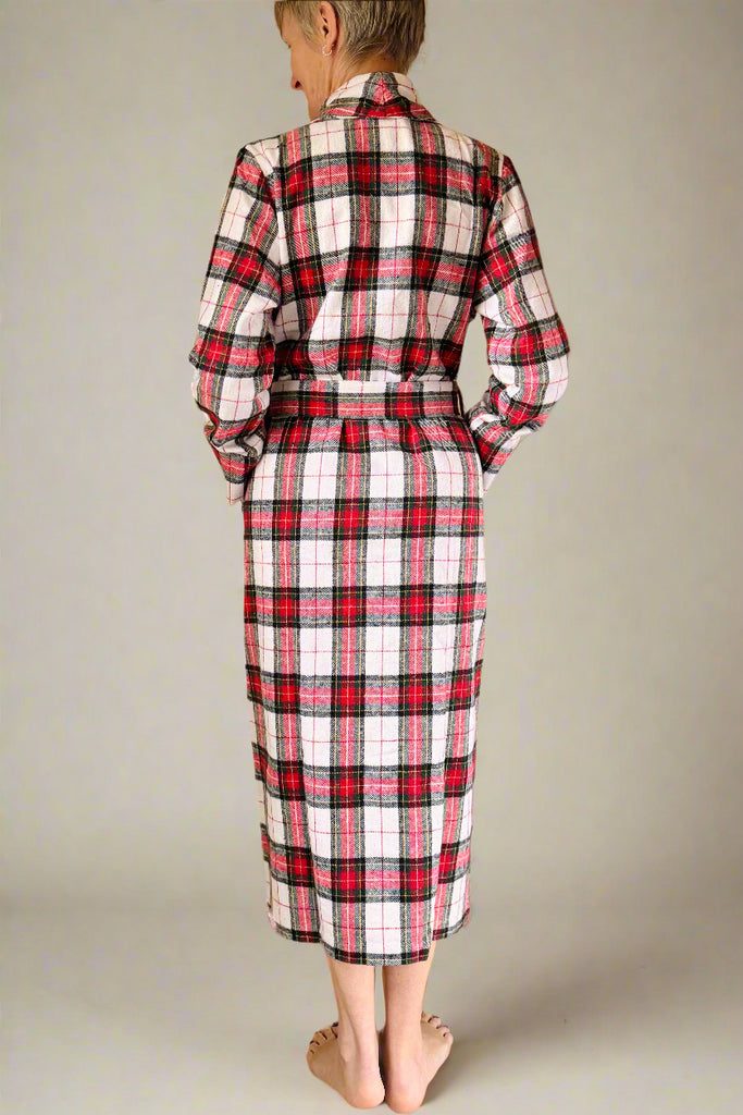 back view of ladies white, red and black check winter dressing gown