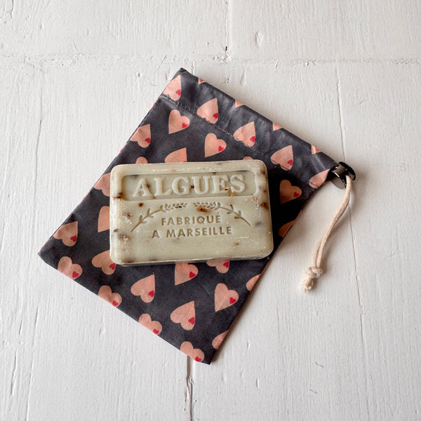 Marseilles seaweed soap and heart print soap bag